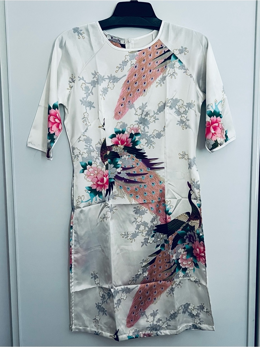 Elegant White Floral Peacock Satin Dress